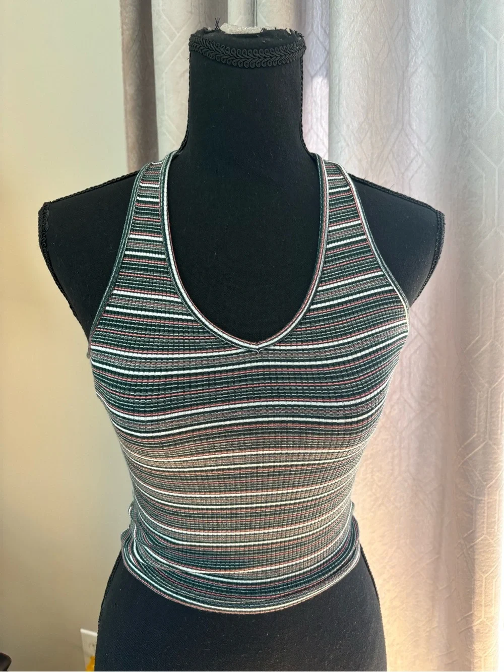 Striped Ribbed Racerback Crop Top in Black and Teal